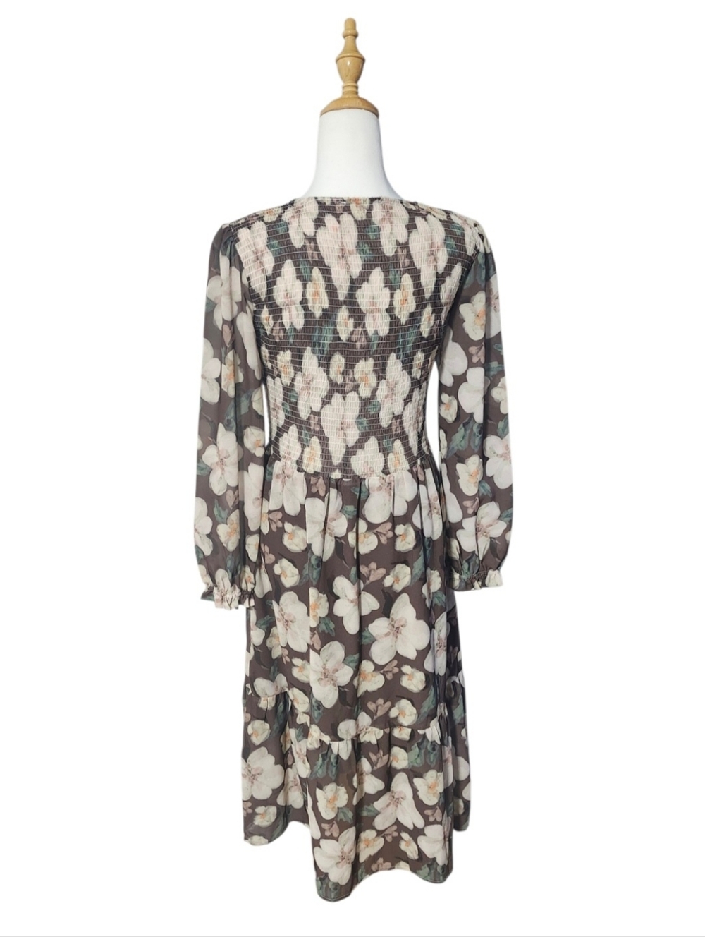 Jilly Box Floral Smocked Midi Dress in Brown and Cream - Picture 8 of 13